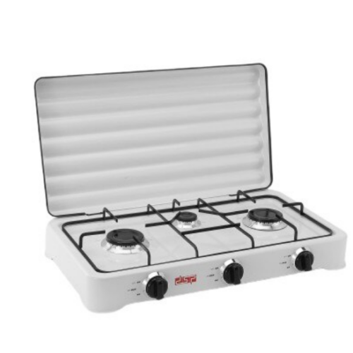 Aragaz portabil DSP KD5077 – 3 arzătoare, alimentare GPL, 2.2 kW + 2.2 kW + 1 kW, alb