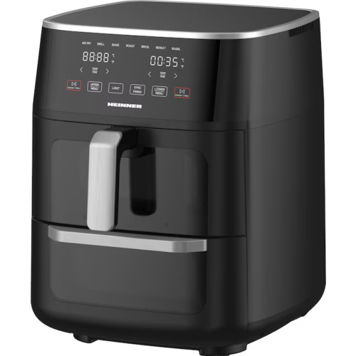 Friteuza dubla cu aer cald Heinner OvenFry Cook HAFO-M11BK1700, 1550-1850W, capacitate 11L, panou de comanda electronic, 10 programe presetate, timp maxim de preparare: 90 min, fereastra supraveghere si lumina interioara, Negru