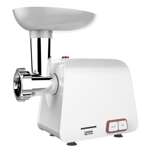 Masina de tocat Heinner Pearl 1340 MG-1340WH, 1340 W, accesoriu de rosii si carnati, cutit din inox, functie Reverse, 2 site de tăiere, capacitate de tocare 1,2 kg/min, Alb