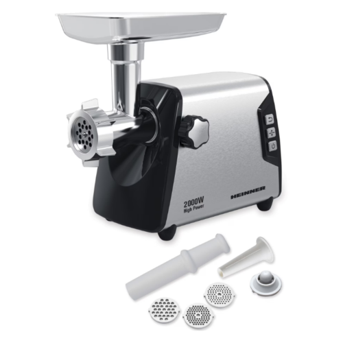 Masina de tocat Heinner HMG-Y2000SS, 2000W, angrenaj metalic si carcasa din aluminiu, capacitate tocare de 3kg/min, cutit inox, 3 site metalice, buton switch cu 2 viteze, functie reverse, carcasa inox, negru/argintiu