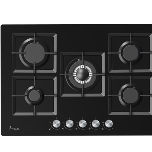 Plita incorporabila Fram FBH-M705IWF-GBK, Gaz, 5 arzatoare, Gratar fonta, Wok, Aprindere electrica, Dispozitiv de siguranta, 75 cm, Sticla neagra