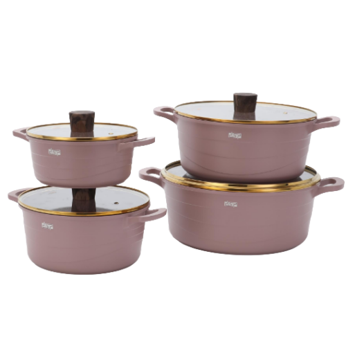 Set Oale Premium 16 Piese din Aluminiu Turnat, Strat Antiaderent, Compatibil cu Inducție, Include 8 Accesorii pentru Bucătărie, Roz