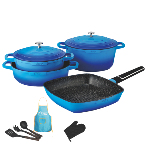 Set Oale și Tigăi Premium 11 Piese din Aluminiu Turnat, Strat Antiaderent Rezistent, Compatibil cu Inducție și Toate Tipurile de Plite, Albastru