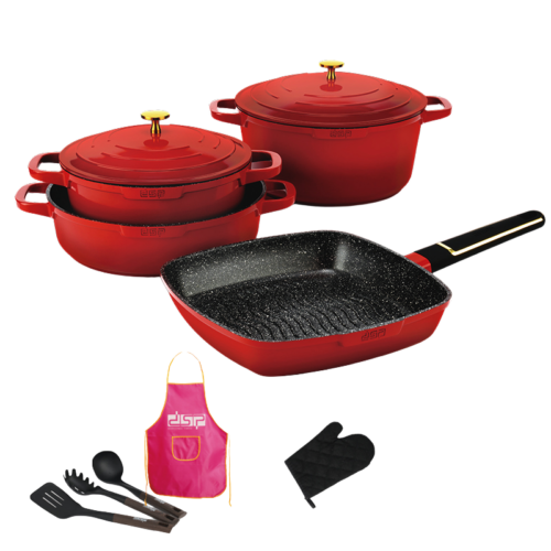 Set Oale și Tigăi Premium 11 Piese din Aluminiu Turnat, Strat Antiaderent Rezistent, Compatibil cu Inducție și Toate Tipurile de Plite, Rosu